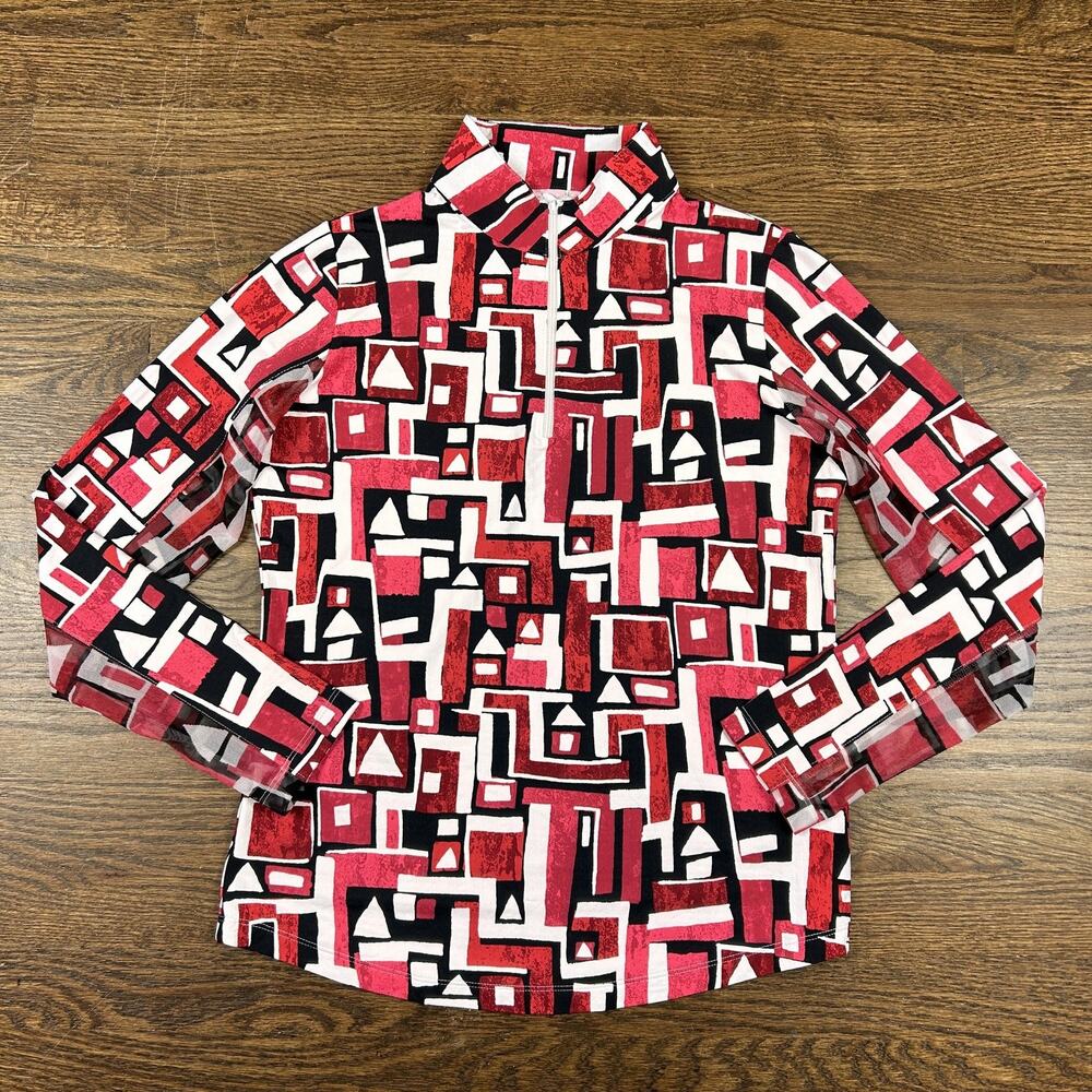 IBKUL Long Sleeve Geo Print Polo - Red, Black, White